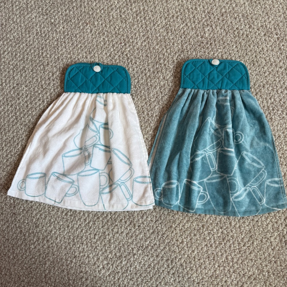 Handmade 2pc Coffee Mug Hanging Kitchen Towels‎ Teal White Quilted Button Top